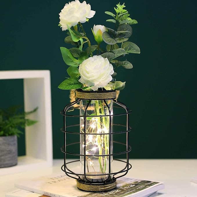 JHY DESIGN Metal Cage LED Lantern Battery Powered,9.4" Tall Cordless Accent Light with 20pcs Fairy Lights Great for Weddings Parties Patio Events Indoors Outdoors.