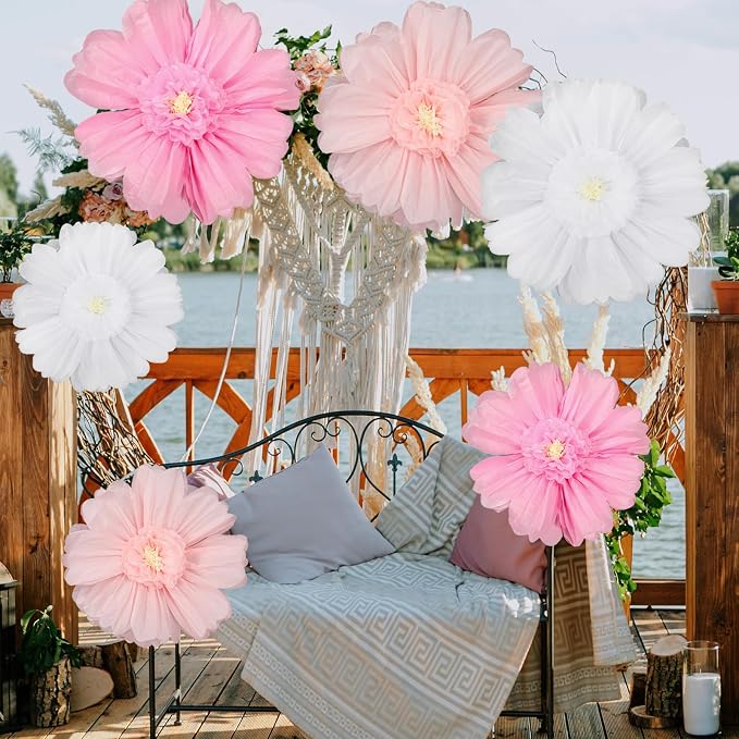 Giegxin 6 Pcs 31.5", 24" Pink, White Giant Paper Flower Large Tissue Paper Flower for Wall Big Pink Pom Pom Floral Decorations for Wedding Bridal Shower Baby Shower Tea Party Birthday Nursery Decor