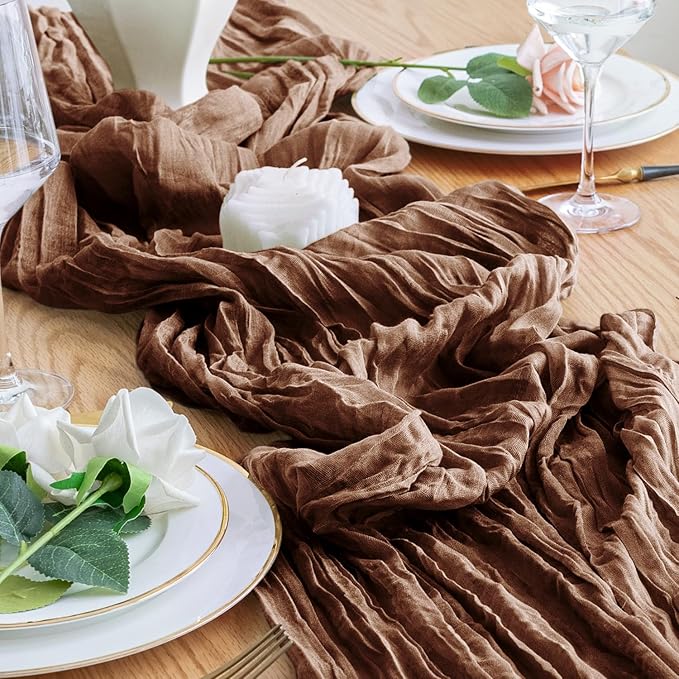 12PCS Table Runner Cheesecloth 10FT Brown Boho Gauze Cheese Cloth Rustic Sheer Table Runners for Wedding Bridal Baby Shower Party Decoration