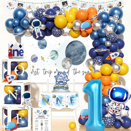 First Trip Around the Sun Birthday Decorations, Outer Space 1st Birthday Decorations Balloon Garland Photo Highchair Banner Box Cutout Crown Poster Cake Topper Astronaut Spaceship 125 PCs