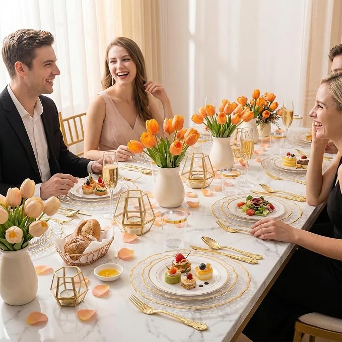 N9R 120PCS Gold Plastic Silverware, Disposable Silverware Include 40 Forks, 40 Spoons, 40 Knives, Gold Cutlery Set Disposable for Party, Wedding and Daily Use