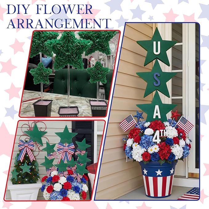 Pangda 6 Pcs Memorial Day Star Shaped Floral Foam Wet Florist Foam Blocks with 12 Pcs Clear Plant Support Stakes for Patriotic 4th of July Red White Blue Flower DIY Table Wall Decor, 8"x 8" x 1.47"