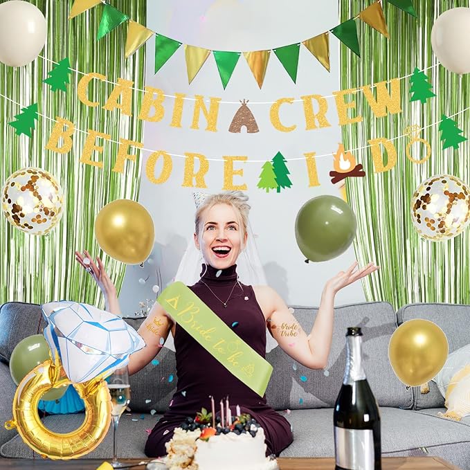 Roetyce Camp Bachelorette Party Decorations, Green Bride To Be Sash Veil Fringe Curtain, Cabin Crew Before I Do Banner Balloons Temporary Tattoos Kit, Camping Themed Bridal Shower Wedding Decorations