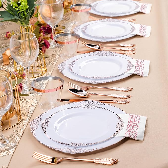 Bestluck 350PCS Rose Gold Plastic Plates for 50 Guests, Disposable Dinnerware Set Includes 100 Disposable Plates, 150 Rose Silverware, 50 Cups, 50 Napkins for Party, Wedding