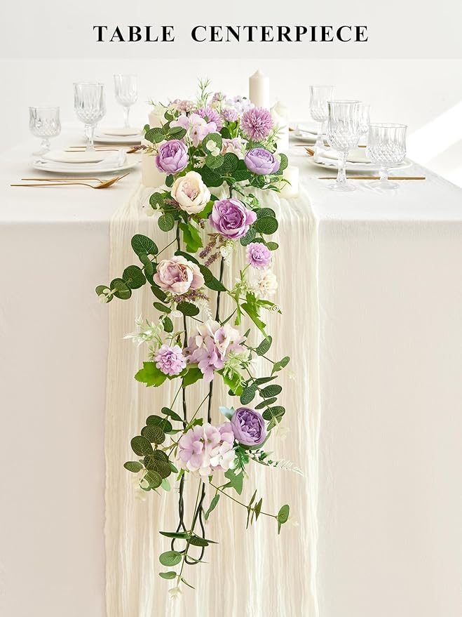 MISSPIN 5.9Ft Eucalyptus Garland with Flowers, Artificial Fake Flower Greenery Spring Garland for Baby Shower Wedding Mantle Table Centerpiece Spring Decor