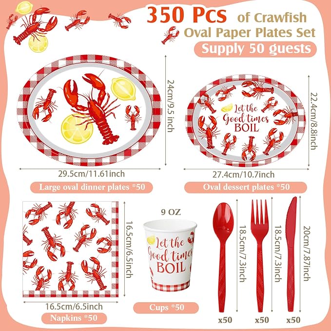 Pajean 350 Pcs Crawfish Boil Party Decorations 12 in Disposable Oval Plates and Napkins Let The Good Times Boil Heavy Duty Paper Tableware Set for 50 Guests Lobster Seafood Picnic BBQ Party Supplies