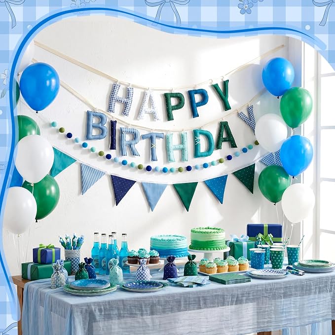 3 Pcs Pre-strung 3D Fabric Happy Birthday Banner Set - Reusable Teal Blue Happy Birthday Garland Pom Pom Banner Triangle Felt Bunting for Women Men Colorful Party Decor Photo Prop(Cute)