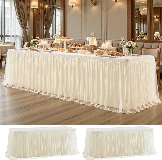 2 Pack Champagne Tulle Tablecloth with Skirt for 8 Foot Rectangle Tables, Party Ruffle Tutu Table Skirt Stretch Fitted Table Covers for Baby Shower Wedding Reception Bridal Shower Birthday Banquet