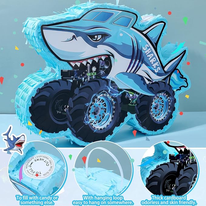Shark Truck Pinata - Monster Truck Pinata with Blindfold and Bat for Birthday Parties, Monster Truck Pinata for Themed Decorations 16x12x3 Inches