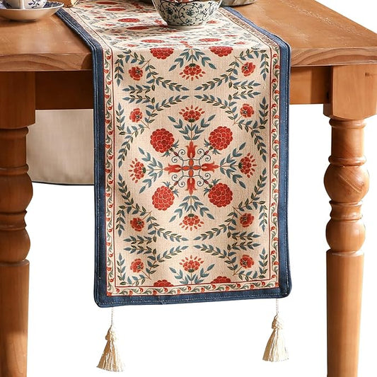 patdrea Designer Vintage Bright Farmhouse Linen Table Runner 71 Inch Long, Maroon Floral Pattern Table Mat, Decoration for Kitchen Dining Table Coffee Table Cabinet Banquet Christmas ,12"*71"