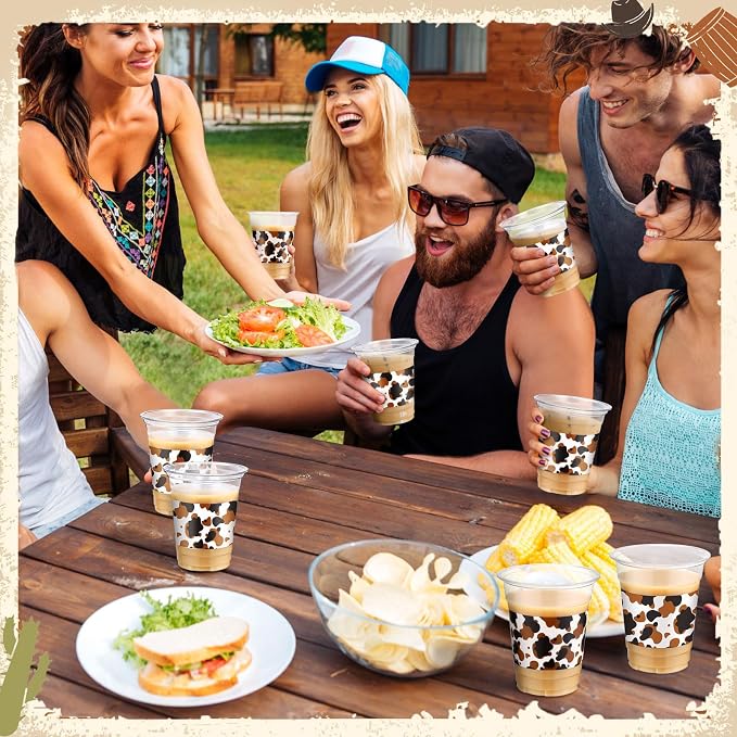 Jingmore 100 Pcs Cow Theme Plastic Cups 12 oz Highland Cow Western Cowboy Disposable Clear Plastic Drinking Cups Bulk for Highland Farm Animal Themed Birthday Baby Shower Party Decorations Supplies