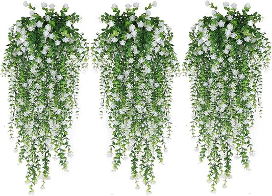 WEISPARK Artificial Hanging Flowers, 9pcs Fake Eucalyptus Vine Faux Flower Greenery Garland Plastic Plants for Indoor Outdoor Wall Garden Wedding Home Party Decor