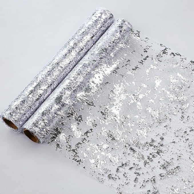 Snowkingdom 2 Pieces Silver Table Runner, Sequin Glitter Foil Metallic Thin Mesh Runner Roll 11"x108", Silver Table Decorations Centerpiece for Wedding Birthday Party Christmas
