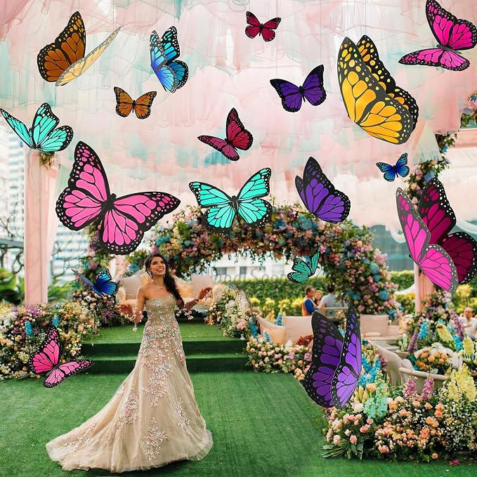 18 Pcs Large Butterfly Party Decorations 3D Paper Butterfly Hanging Decor 2 Sizes Bright Color Paper Butterflies Birthday Party Supplies for Wedding Spring Baby Shower Room Ceiling Decor