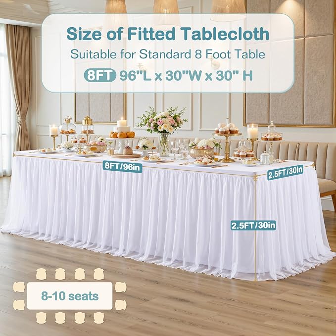 2-in-1 White Tablecloths with Tulle Table Skirt for 8 Foot Rectangle Tables, Party Ruffle Tutu Table Skirt Stretch Fitted Covers for Wedding Reception Birthday Baby Shower Celebration Banquet Event