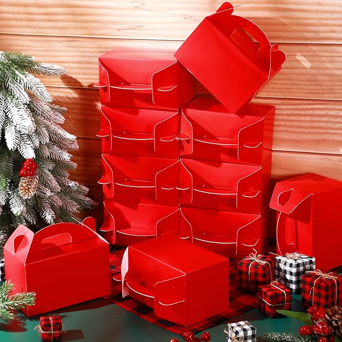36 Pcs Party Favor Treat Boxes, Goodie Candy Gable Paper Gift Boxes with Handles for Birthday Wedding Shower Christmas Party Supplies, 6 x 3.5 x 3.5 Inches(Red)