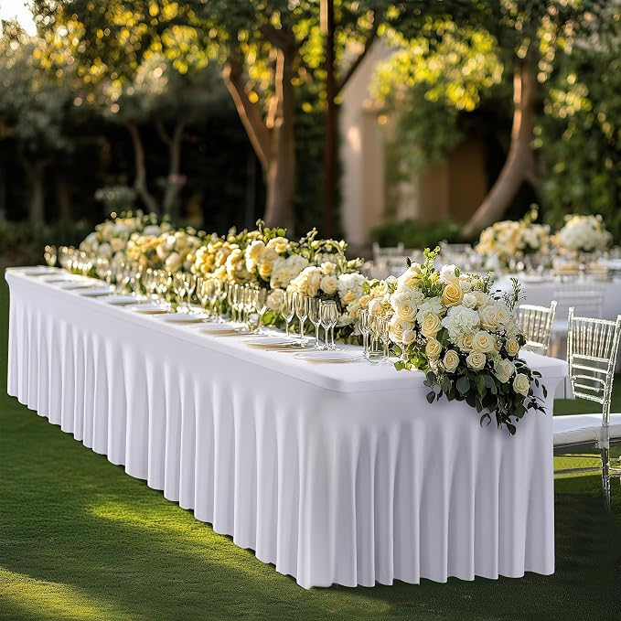 leegleri White Spandex Table Clothes for 8 Foot Rectangle Tables, 8 Pack Wrinkle Free Rectangle Table Cloth 8ft Stretch Fitted Tablecloths with Skirt for Parties Weddings Birthday Banquet Baby Shower