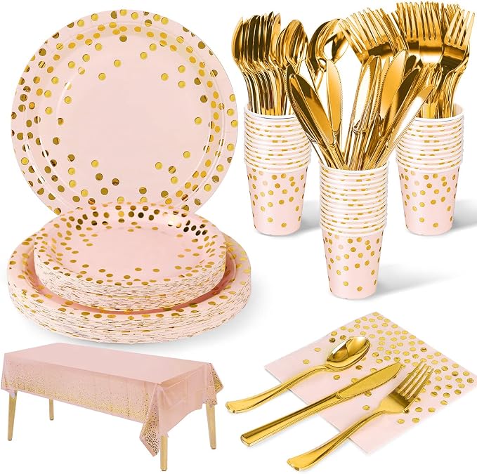 Nkaiso 141 Pieces Pink Gold Party Supplies, Party Dinnerware Sets Include Paper Plates Napkins Cups Silverware, for Wedding Bridal Shower Engagement Birthday Parties Decoration -20 Serves