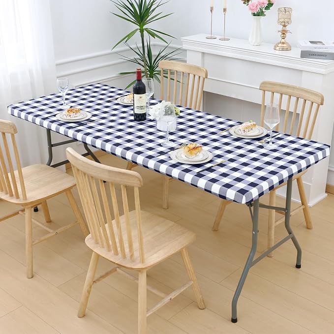Smiry Picnic Table Cloth 6 Pack, Waterproof Elastic Fitted Tablecloths for 8FT Rectangle Tables, Washable Polyester Buffalo Plaid Tablecloth for Camping, Dining & Outdoor (Navy & White, 30" x 96")