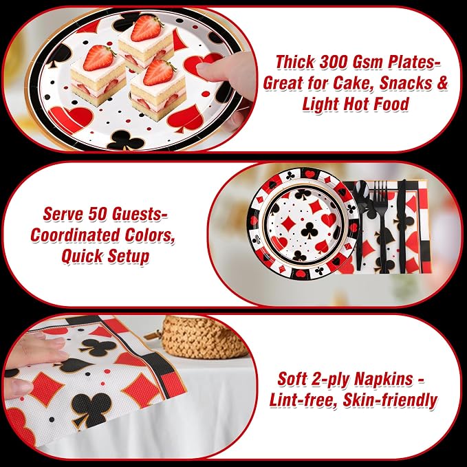 400 Pcs Disposable Casino Tableware Set for 50 Guests | Heavy-Duty 7" & 9" Paper Plates, Cups, 13" Napkins & Plastic Cutlery for Casino Night Vegas Game Night Poker Party Supplies
