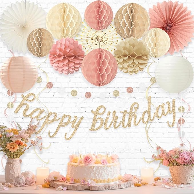 Boho Pink Happy Birthday Decorations for Women Girls, Pre-Strung, 24pcs | Happy Birthday Banner, Honeycomb Ball, Paper Flowers, Lanterns, Fans, Streamers, Dots Garland for Birthday Party Decorations