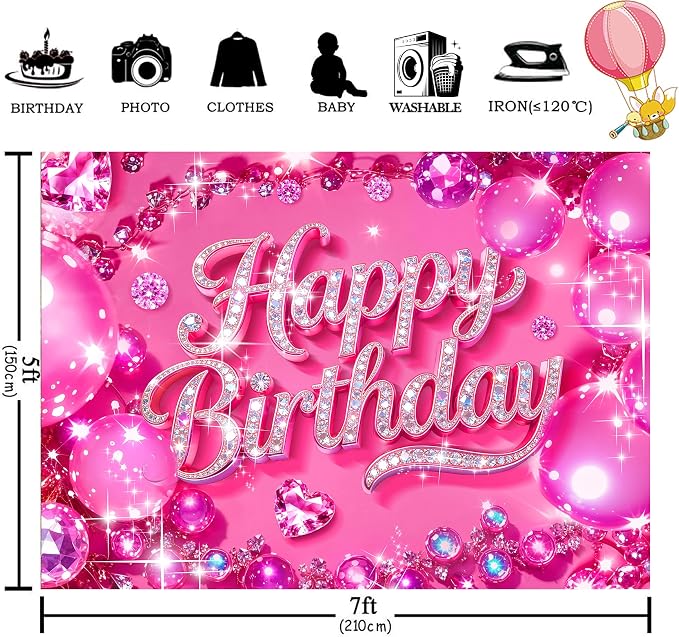 Happy Birthday Backdrop 7Wx5H Feet Polyester Fabric Bling Diamond Glitter Hot Pink Luxurious Crystal Ball for Princess Girl Decoration Modern Party Photography Background Photo Shoot Props