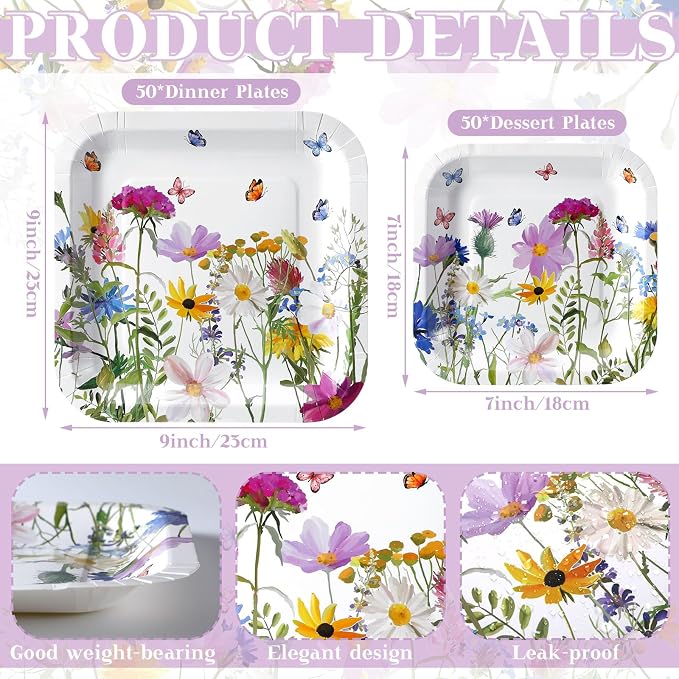 Umigy 100 Pcs Wildflower Paper Plates Flower Dinner 9'' Floral Disposable Paper Plates 7'' Square Dessert Set for Dinner Birthday Wedding Baby Shower Party Tableware (Sweet Color)