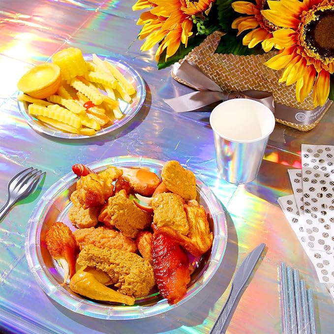 Sliner 256 Pcs Iridescent Party Decorations Supplies Holographic Party Decorations, Includes Paper Plates Cups Napkins Silver Cutlery Straws Plastic Tablecloth Foil Fringe Curtain Hanging Dot Streamer