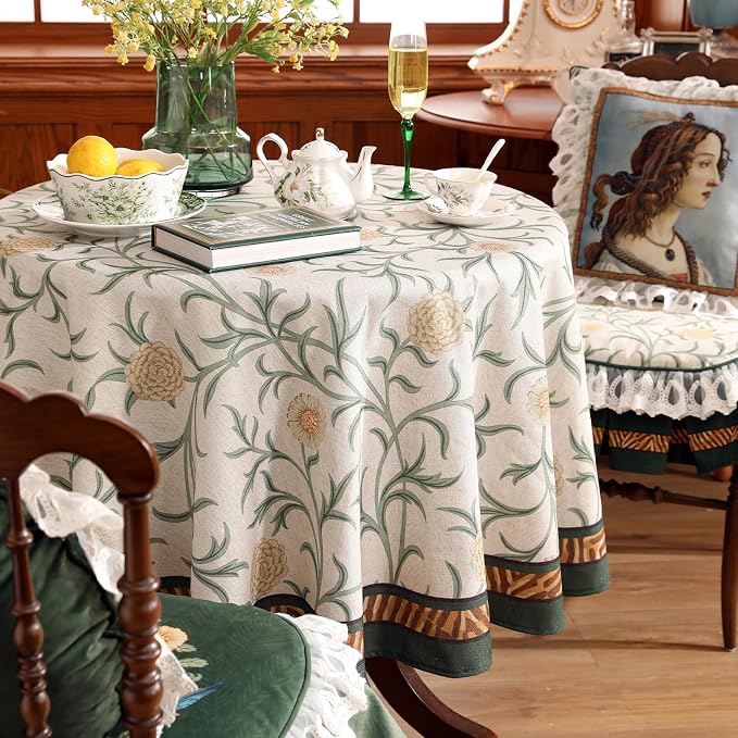 patdrea Vintage French Linen Tablecloth,Round,Diameter 55"-Botticelli | Elegant Table Cloth for Round Table,Sage Green Floral Vine Patterned,for Dining Room Tea Party Thanksgiving