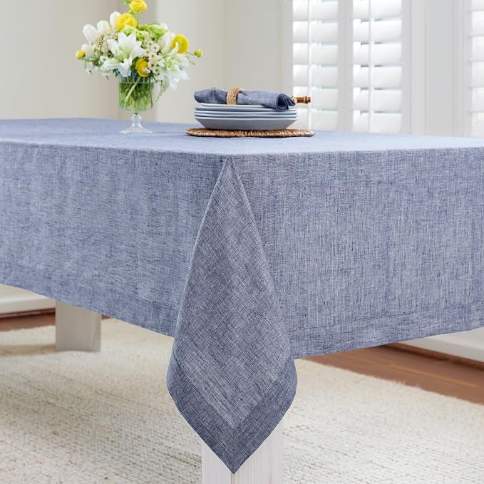 Solino Home Linen Tablecloth 60 x 144 Inch - 100% Pure Linen Chambray Indigo Table Cloth for Rectangle Tables - Athena, Machine Washable Tablecloth for Summer