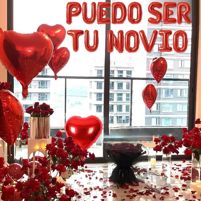 2 Set Red PUEDO SER TU NOVIO Balloons - 1200pcs Red Artificial Rose Petals 30pcs 16" Letter Balloon 10pcs 18" Heart Balloons Alphabet Foil Mylar Balloon for Valentines Day Decorations