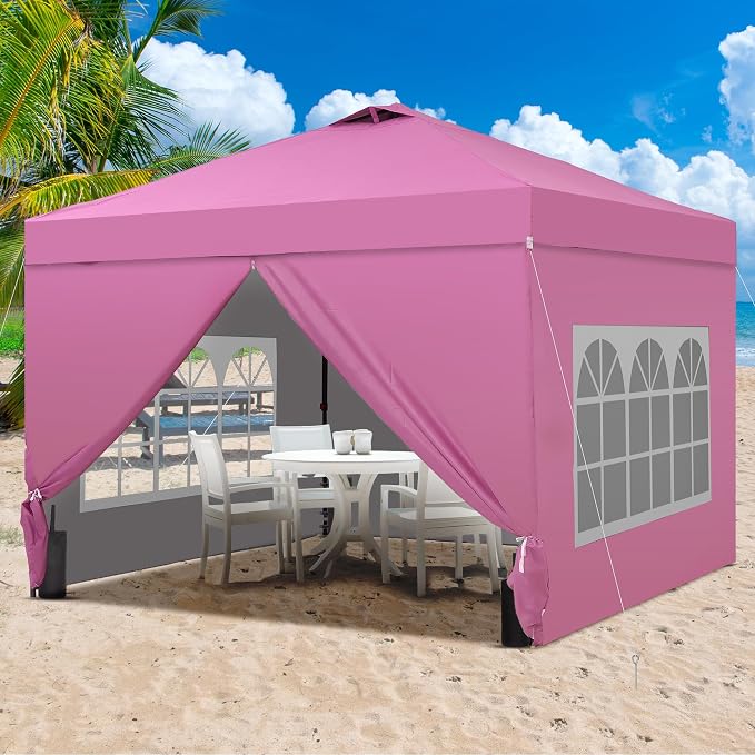 GDY 12x12 Pop Up Canopy Tent with 4 Sidewalls, Easy Set up with One Push Lift Gazebo with Wheel Bag and4 Sandbags,Carpas for Events, Parties,Camping, Pink.