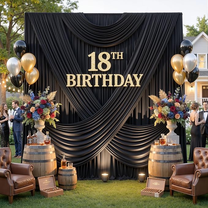 10ftx12ft Wrinkle Free Black Backdrop Curtain, 2 Panels 12FT Height Black Drapes for Wedding, Silky Polyester Photo Back Drop Cloth Draping for Birthday Party Photography Background