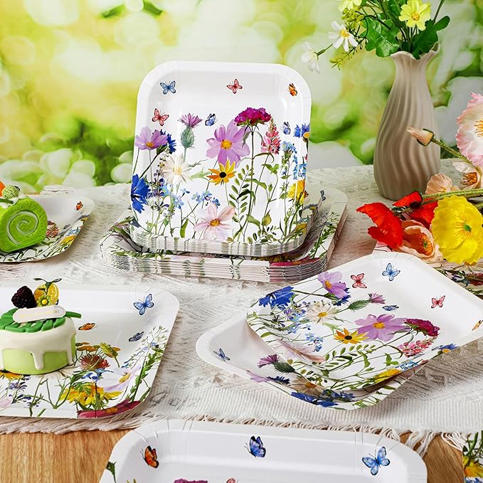 Umigy 100 Pcs Wildflower Paper Plates Flower Dinner 9'' Floral Disposable Paper Plates 7'' Square Dessert Set for Dinner Birthday Wedding Baby Shower Party Tableware (Sweet Color)