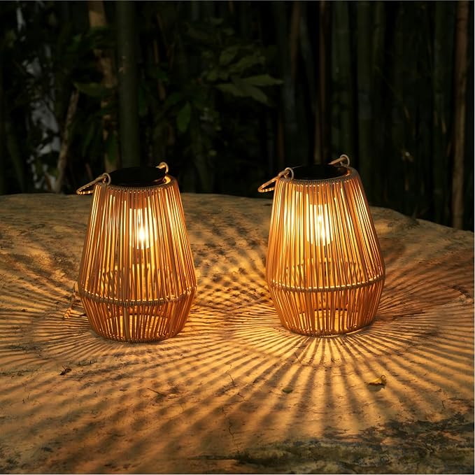 Solar Lanterns Outdoor Waterproof, KagoLing Solar Lanterns Outdoor Gifts for Women Mom Grandma Hanging Solar Lights Outdoor Handwoven Rattan Garden Decor for Outside, Patio, Yard, Porch, Lawn, 2 Pack
