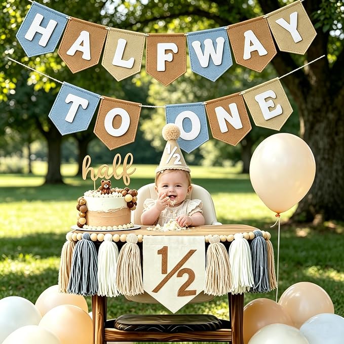 1/2 Birthday Boy Decorations-Half Way to One 6 Months Birthday Set with High Chair Banner Cake Topper & Hat for Baby Boy Party Supplies