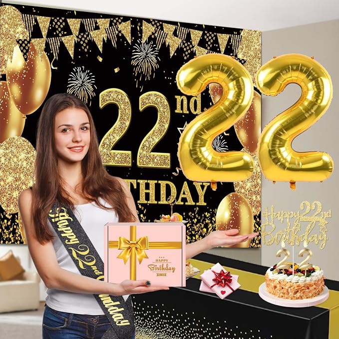 22nd Birthday Decorations Men Women with 22nd Birthday Banner, Black and Gold Table Cloth, Number Balloons, Large Sash, Cake Topper and Candles