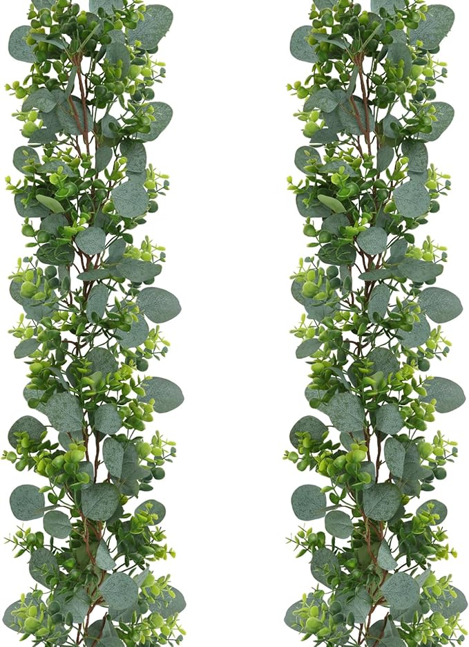 JPSOR 2pcs Artificial Eucalyptus Garland Total 13.2ft Greenery Garland Fake Eucalyptus Leaves for Wedding Arch Farmhouse Mantle Table Runner Centerpiece Home Party Decor