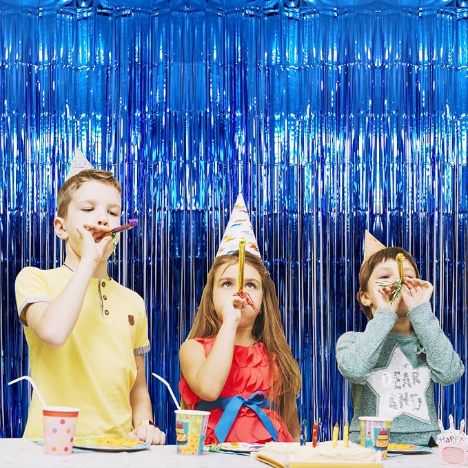 GOER 3.2 ft x 9.8 ft Metallic Tinsel Foil Fringe Curtains Party Photo Backdrop Party Streamers for Birthday,Graduation,New Year Eve Decorations Wedding Decor (4 Packs,Navy)