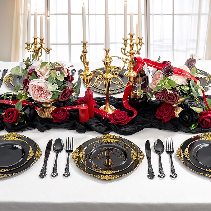 150PCS Black Plastic Silverware - Heavy Duty Disposable Cutlery Sets - Fancy Plastic Utensils Flatware Include 50 Forks, 50 Spoons, 50 Knives for Catering Dinners Wedding Party