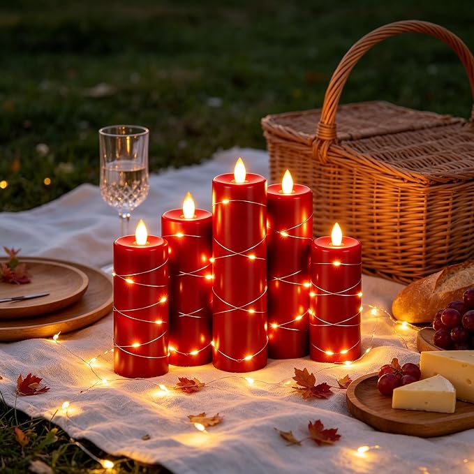 Da by 5 Pack Red Real Wax Flameless Taper Candles, Lifelike Flickering LED Candles with Copper String Lights, Battery Operated Candles with Remote for Holiday Wedding Home Decor