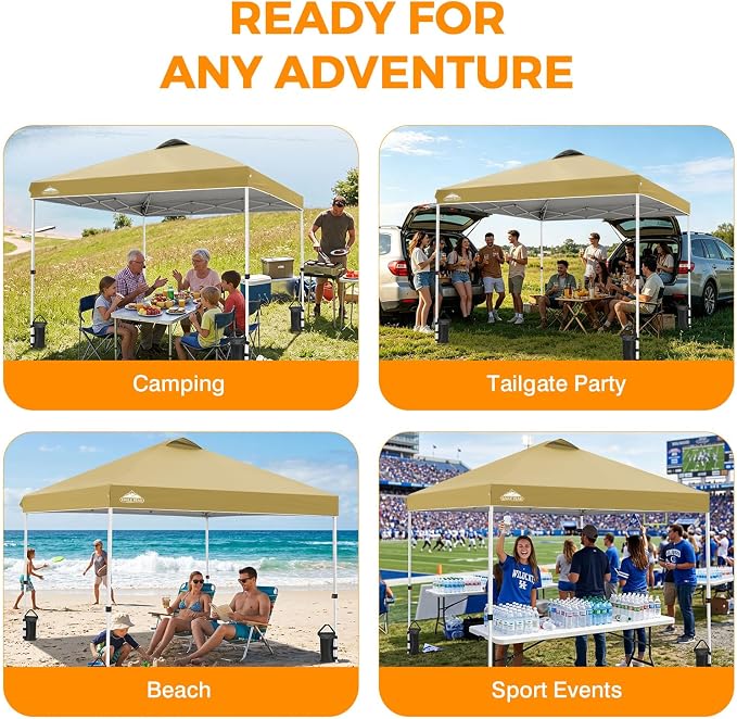 EAGLE PEAK Pop Up Canopy Tent with Wheeled Carry Bag, 8 Stakes, 4 Ropes, 4 Weight Bags, Easy Set Up Tent Canopy, 10x10 ft, 100sqft of Shade, Beige