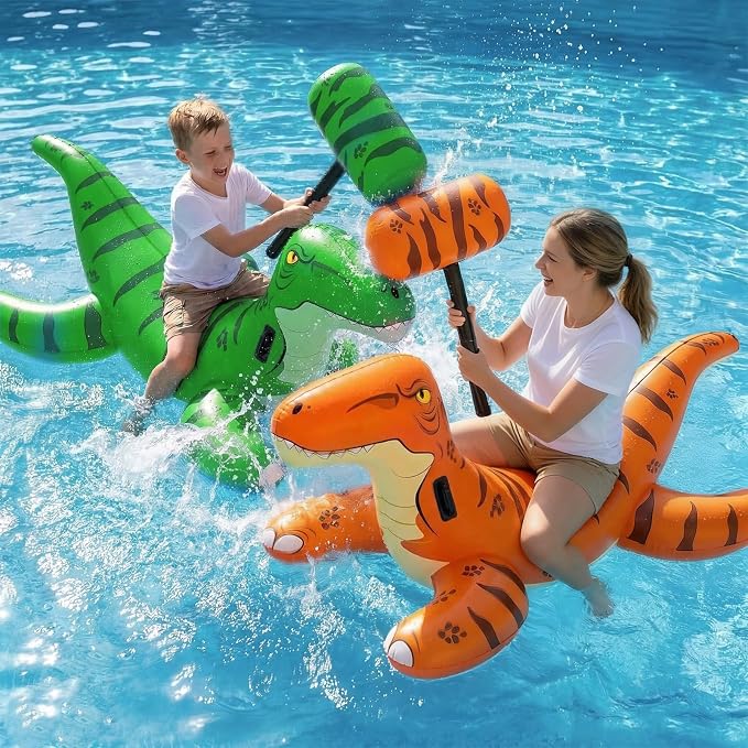 Jasonwell Pool Games Toys Floats -2Pack Inflatable Dinosaur Pool Floats with Blow Up Toy Hammers Ride on Pool Floaties for Kids Teens Adults Lounge Raft Summer Lake Beach Party Decorations