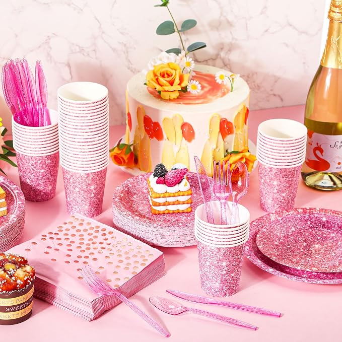 Hushee 350 Pcs 50 Guests Pink Paper Party Plates and Cups Napkins Sets Holographic Glitter Disposable Dinnerware Plastic Forks Knives Spoons Birthday Bachelorette Wedding Party Supplies