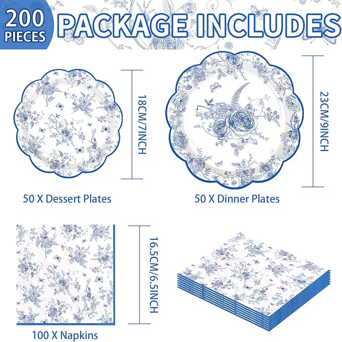 200Pcs Blue and White Floral Party Supplies Blue Floral Paper Plates and Napkins Disposable Vintage Flower Scalloped Tableware Set for Something Bridal Shower Decoration Wedding Tea Party Serve50