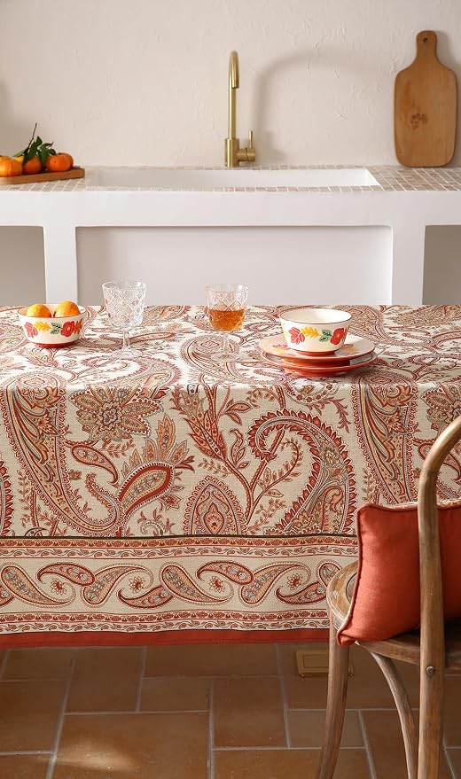 ISAENNE Designer Vintage Linen Rectangular Tablecloth,118"x67"-Chauffrey D | Vintage French Long Table Cloth Rectangle Table,Cashew Pattern,Durable,Heavyweight,Dining,Kitchen,Tea Party,Thanksgiving