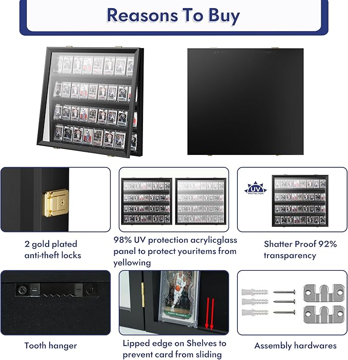 36 Graded Sports Card Display Case - Baseball Card Display Frame Lockable for, Football, Basketball, Hockey & Trading Cards - UV Protection & Clear Acrylic, Black