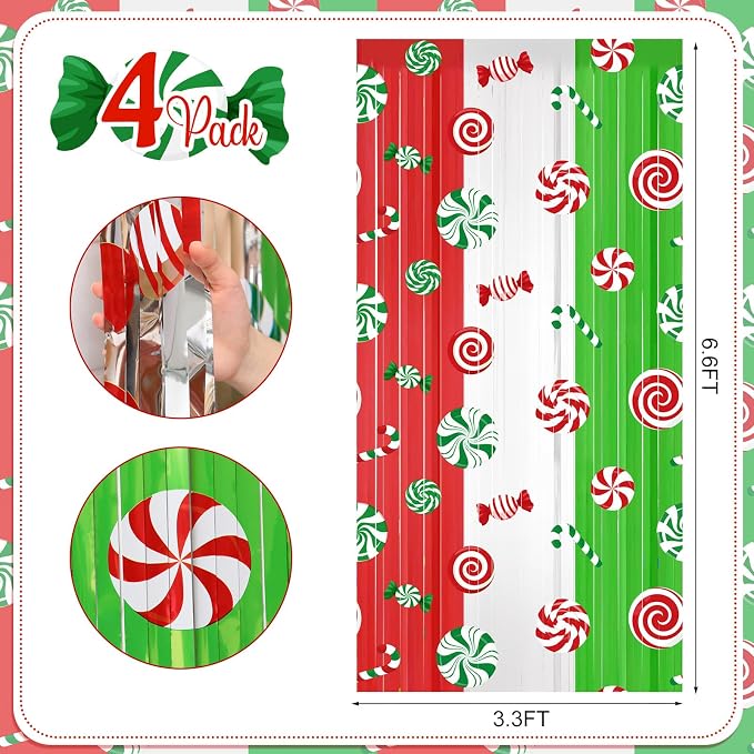 Blosssound 4 Packs Christmas Party Decorations 3.3 x 6.6 ft Candy Cane Theme Foil Fringe Curtain Xmas Holiday Tinsel Streamers for Xmas Winter Holiday Baby Shower Decoration(4 Packs, Christmas Candy)