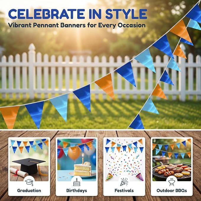 130FT Lakeblue LightBlue Orange Triangle Pennant Banner Flag Metallic Fabric Bunting Garland for Christmas Graduation Wedding Anniversary Bachelorette Birthday Bridal Shower Valentines Party Supplies