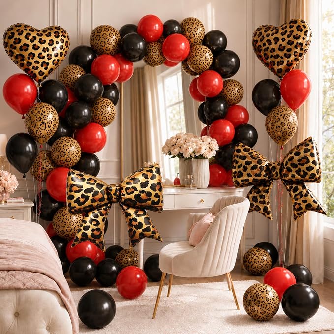 Red and Black Cheetah Print Birthday Decorations Black Dark Red Leopard Print Latex Balloons 16 18 32 In Happy Birthday Foil Balloon Banner Bow Heart Balloons for Girls Women Bday Party Decor